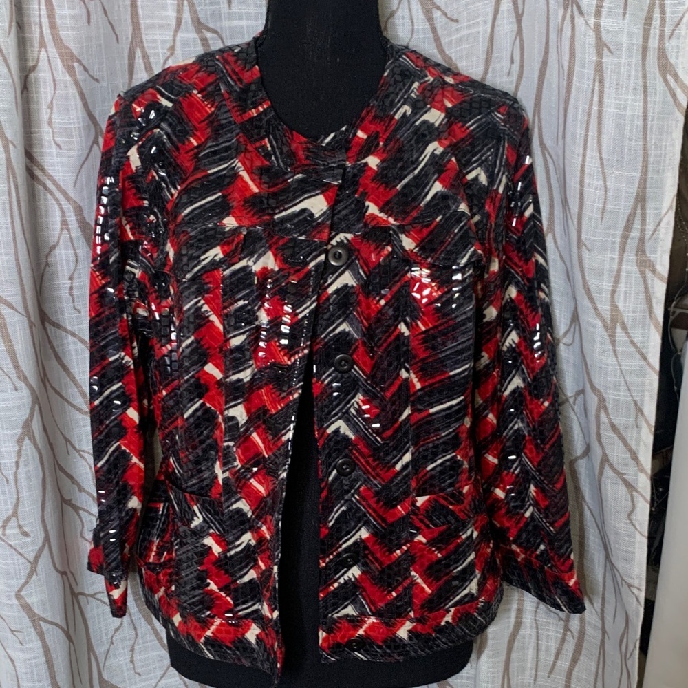 Ruby Rd. Women's Red & Black Patterned Shiny Jacket